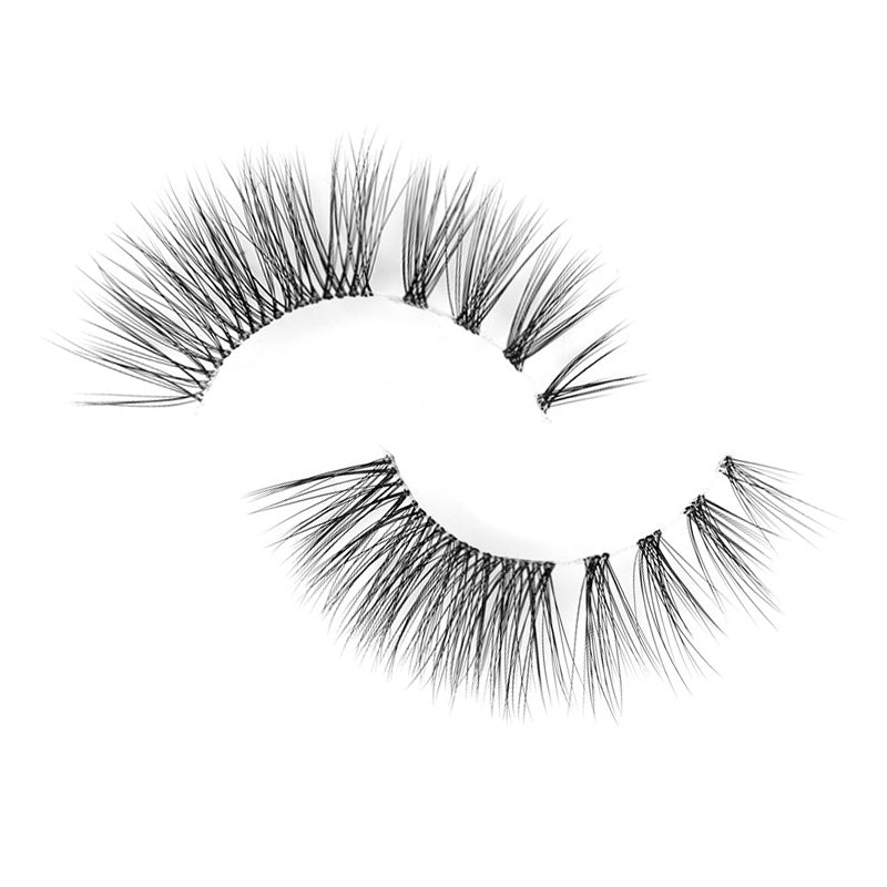 Suntarah Beauty 3D Ultra Light Synthetic false strip lash in style SL-330.  Lash has wispy fibres, natural everyday volume, a round shape, and a thin clear band.  It has 4 small clusters of lash fibres towards inner corner of band, and then continues without clusters.  It is flat against a white backdrop.