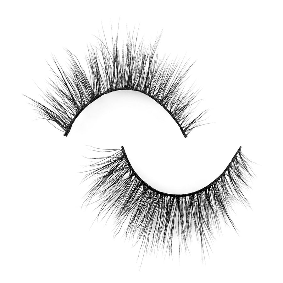 Suntarah Beauty 3D Faux Mink False Strip Lash in Style F-102 lying flat against a white backdrop. Lash appears light and wispy with a black band and tapered shape..