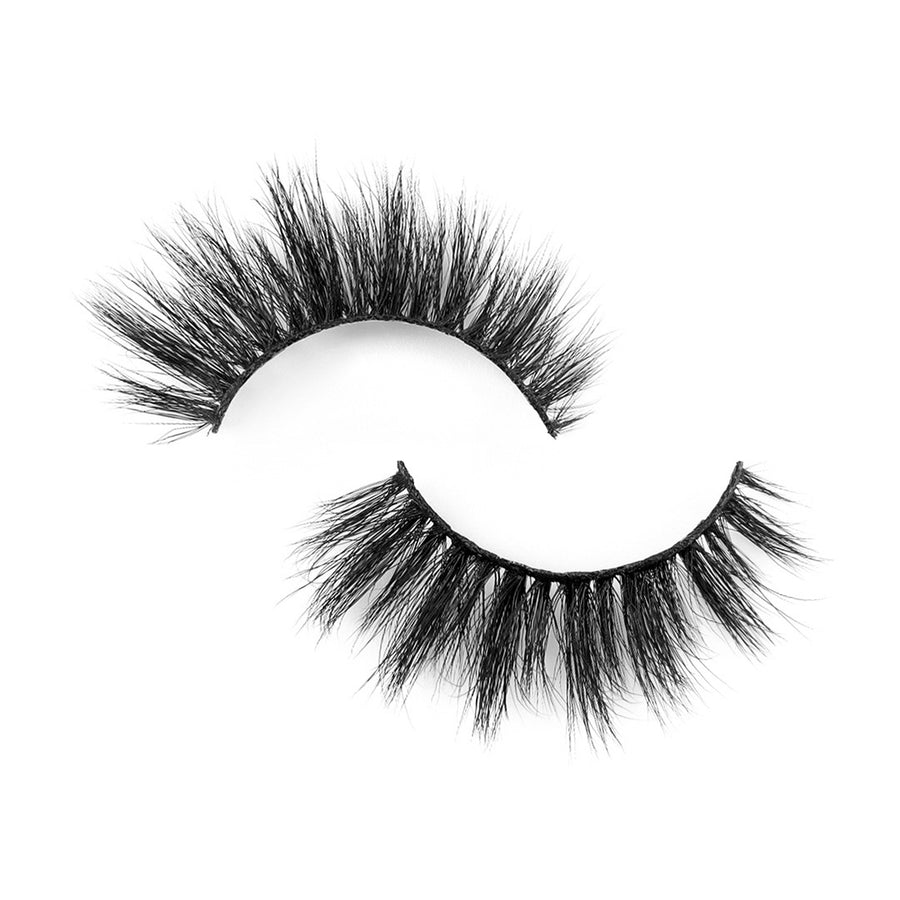 Suntarah Beauty 3D Faux Mink False Strip Eyelash in Style F-106.  Medium volume lash with dynamic clusters and strong, flexible black band.  Lash is lying flat against white backdrop.