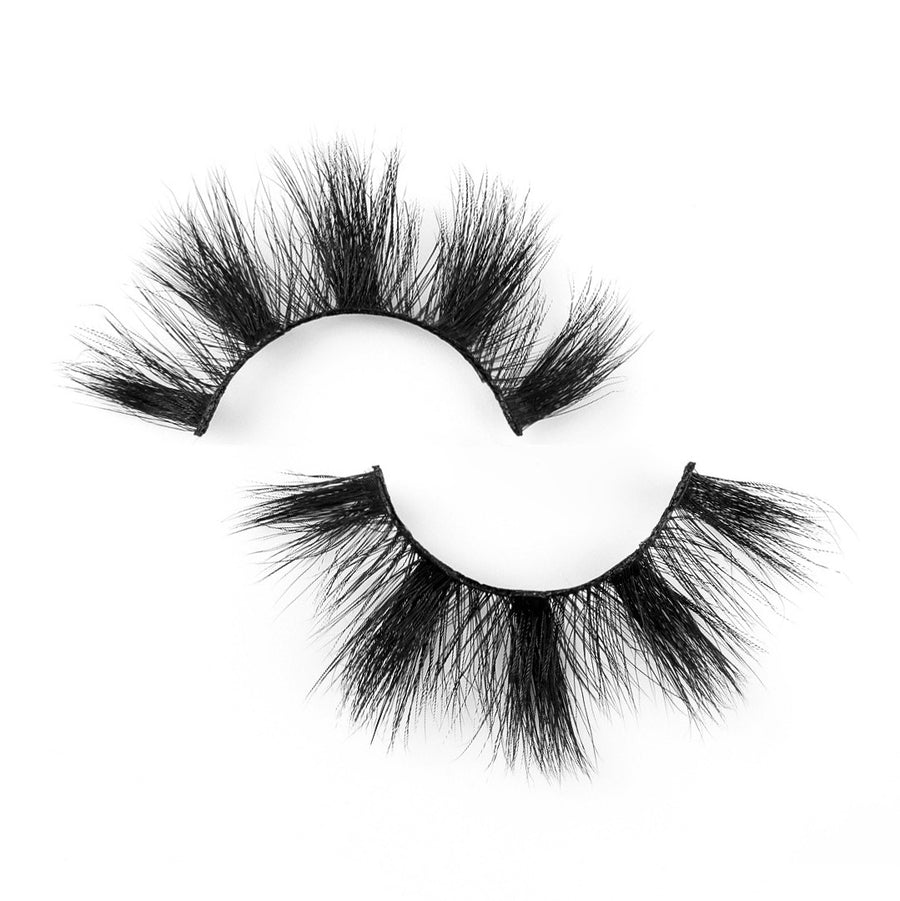 Suntarah Beauty 3D Faux Mink False Strip Eyelash in Style F-108 lying flat against a white backdrop.  Lash has medium volume, dynamic clusters, and a round shape.  Lash has a black band.