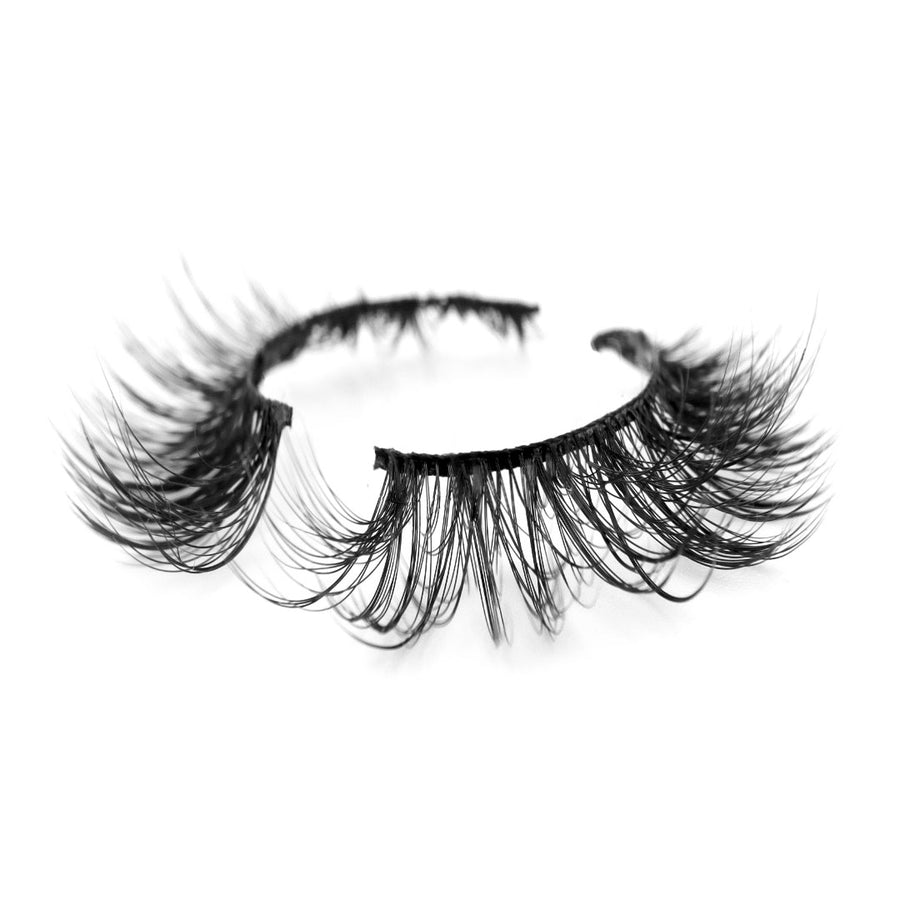Suntarah Beauty 3D Premium Synthetic false strip lash in style S-220. Lash has medium volume, tapered shape, and black band. It is shown at angle against a white backdrop showing the beautiful curl of lash fibres.
