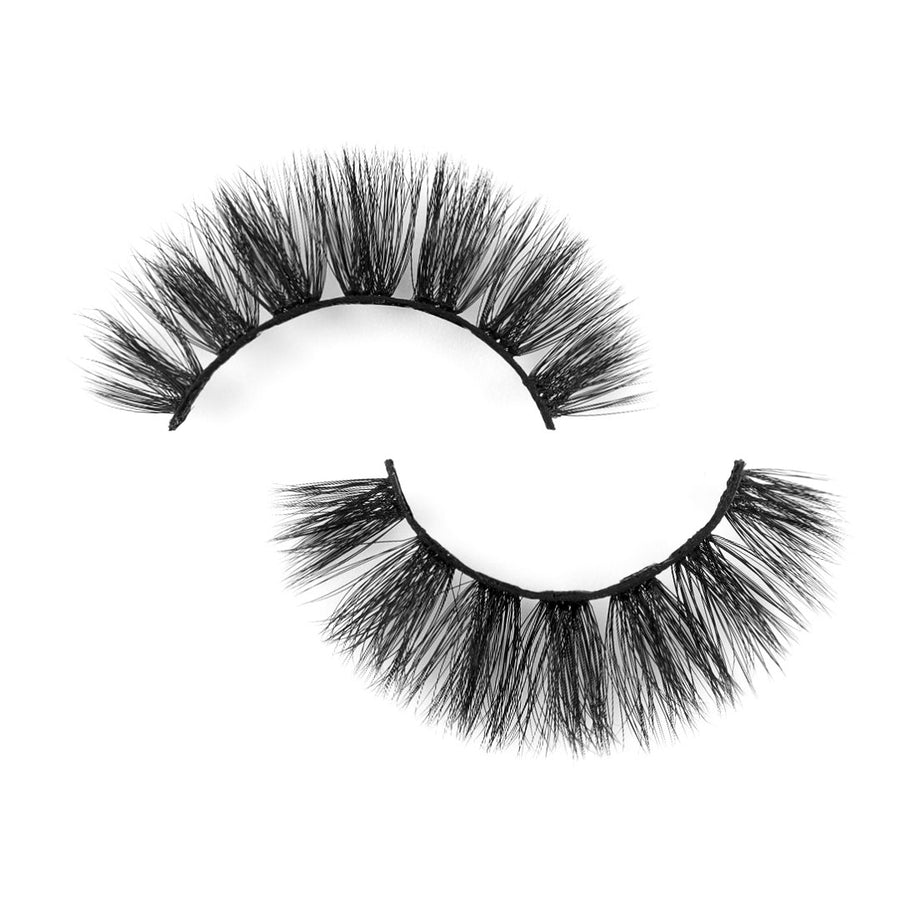 Suntarah Beauty 3D Premium Synthetic false strip lash in style S-223. Lash has wispy fibres, bold volume, a very round and clustered shape, and a black band. It is flat against a white backdrop.