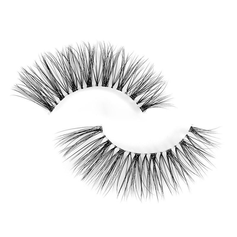 Suntarah Beauty 3D Ultra Light Synthetic false strip lash in style SL-331.  Lash has wispy fibres, natural everyday volume, a flared shape, and a thin clear band.  It is flat against a white backdrop.