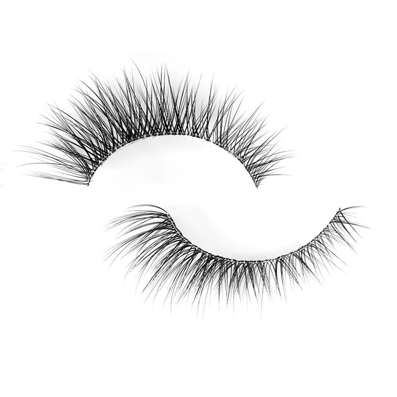 Suntarah Beauty 3D Ultra Light Synthetic false strip lash in style SL-332.  Lash has wispy fibres, natural everyday volume, a very flared shape, and a thin clear band.  It is flat against a white backdrop.