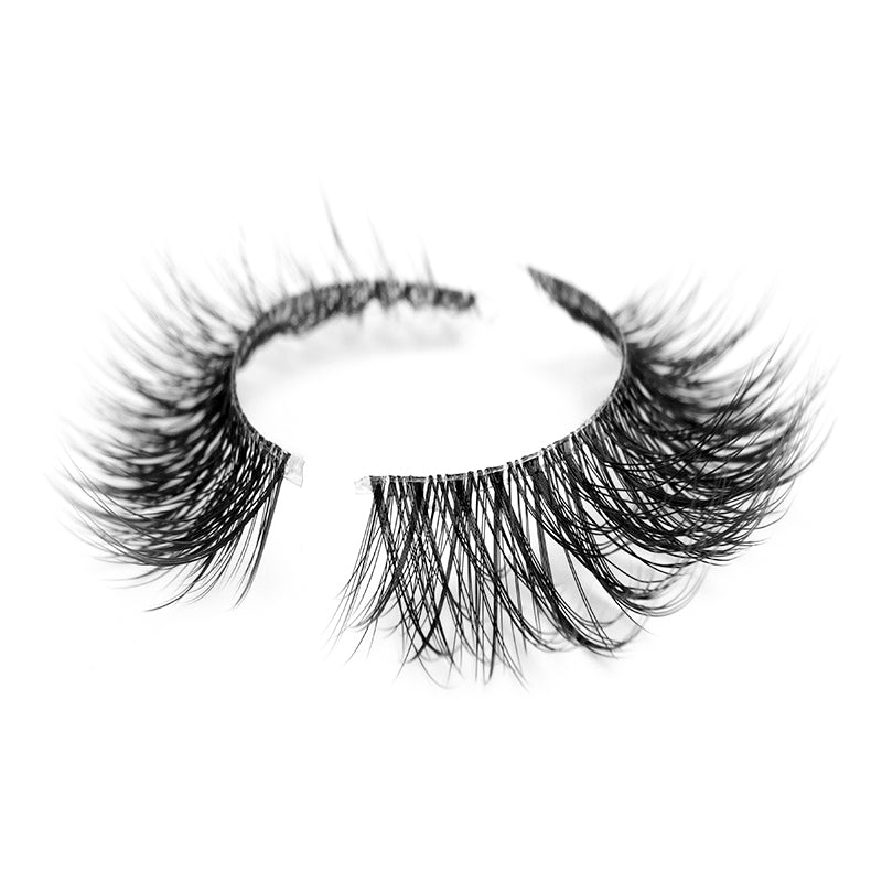 Suntarah Beauty 3D Ultra Light Synthetic false strip lash in style SL-334.  Lash has wispy fibres, medium volume, a round shape, and a thin clear band. It is shown at angle against a white backdrop showing the beautiful curl of lash fibres.